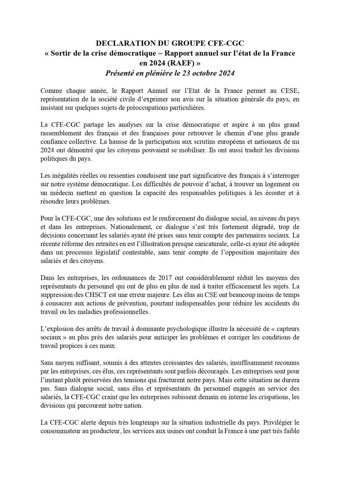 CFE-CGC / CESE : Sortir de la crise démocratique - Rapport annuel sur l'état de la France en 2024