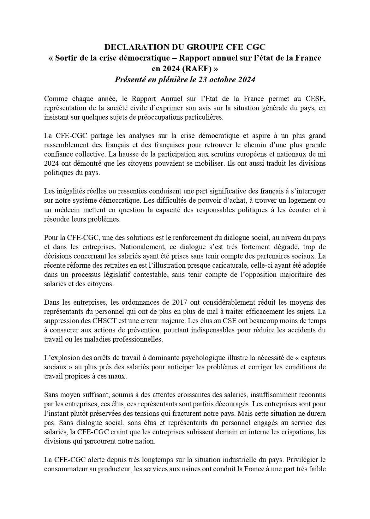 CFE-CGC / CESE : Sortir de la crise démocratique - Rapport annuel sur l'état de la France en 2024 CFE-CGC / CESE : Sortir de la crise démocratique - Rapport annuel sur l'état de la France en 2024