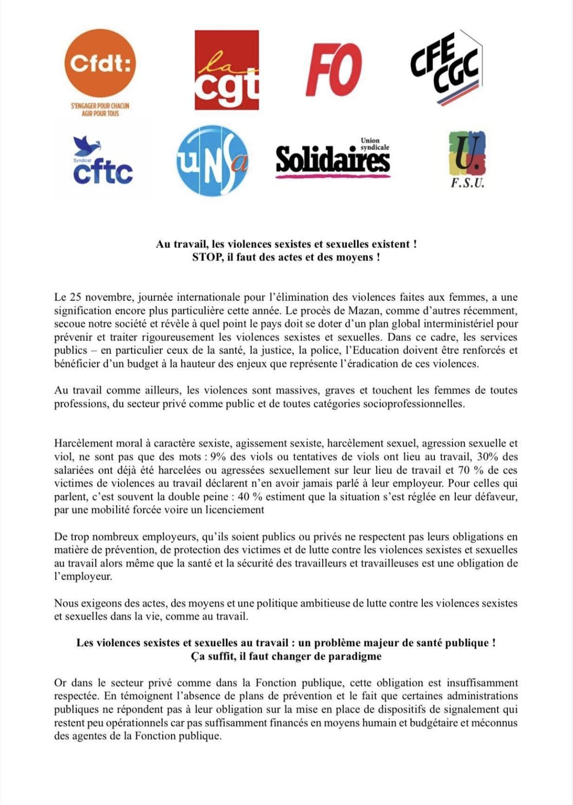 Intersyndicale : au travail, les violences sexistes et sexuelles existent !