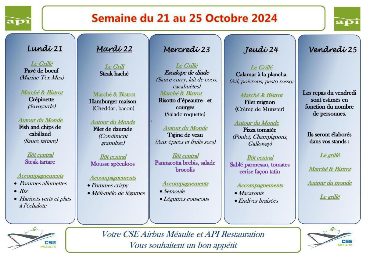 MENU du 21 au 25 octobre