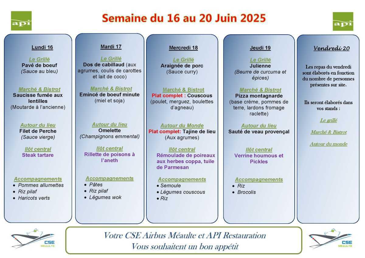MENU du 16 au 20 Juin