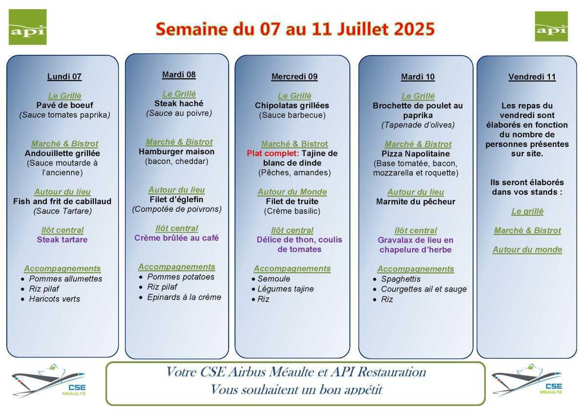 MENU du 07 au 11 Juillet