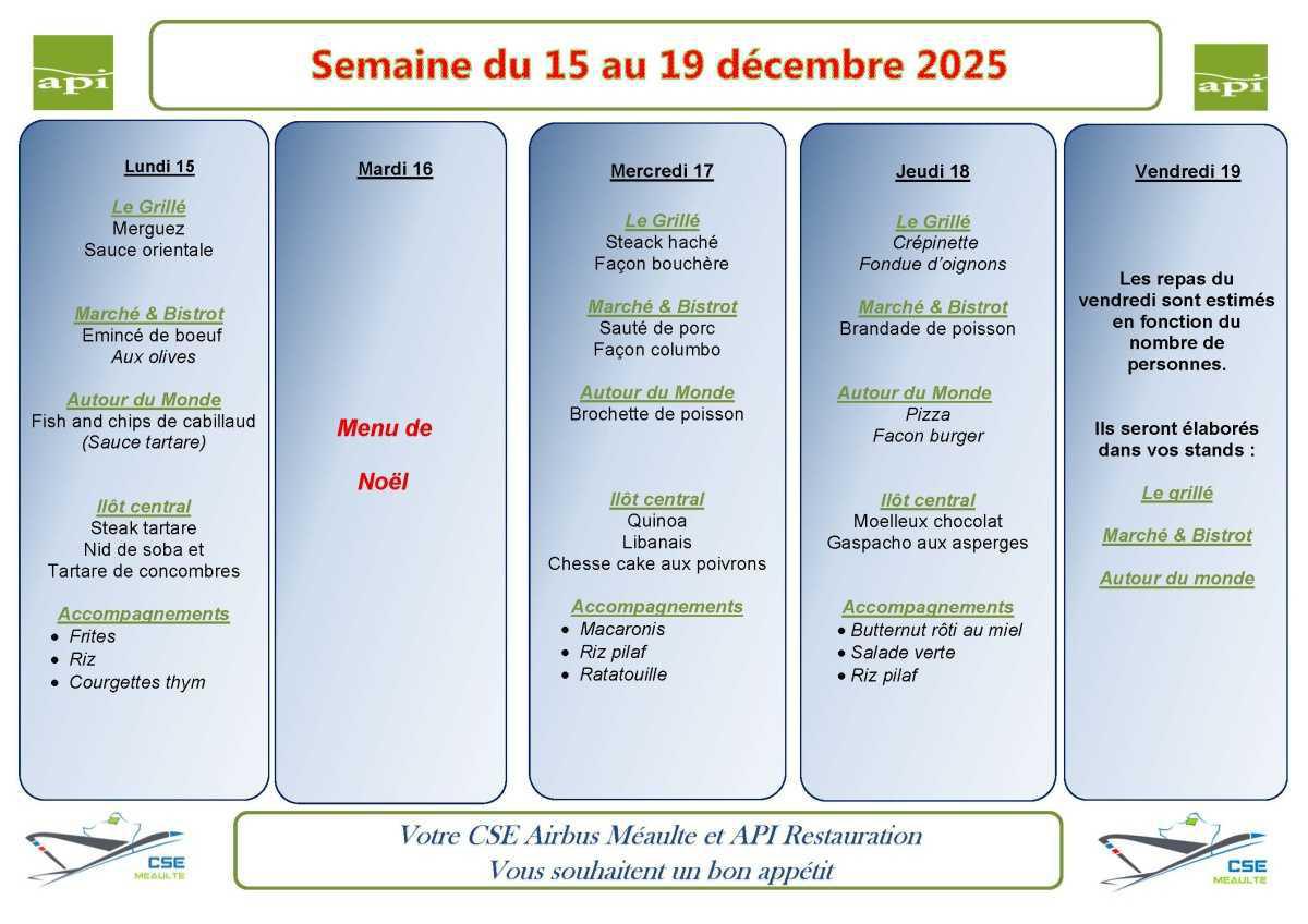 MENU du 15 au 19 décembre