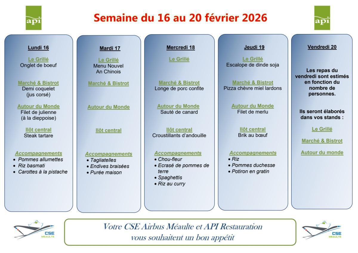 MENU du 16 au 20 février