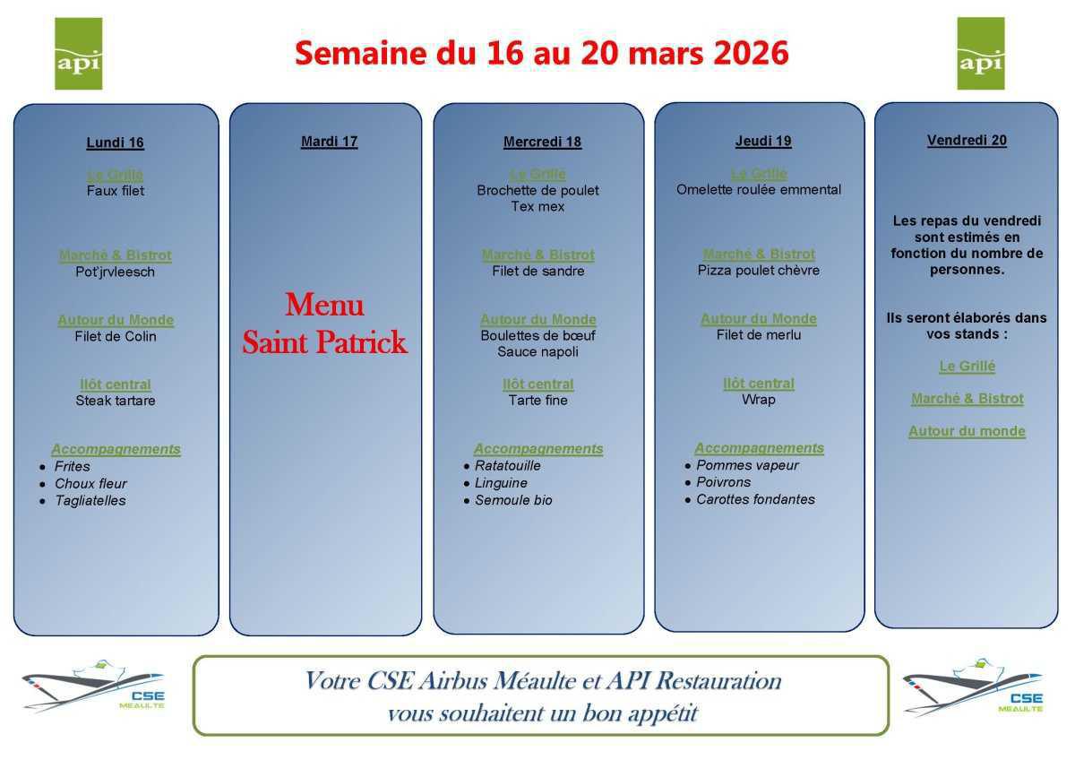 MENU du 16 au 20 mars