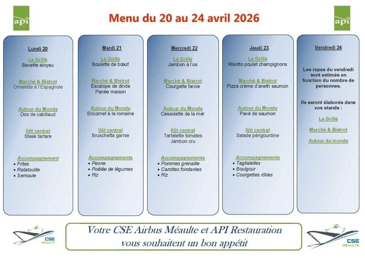MENU du 20 au 24 avril
