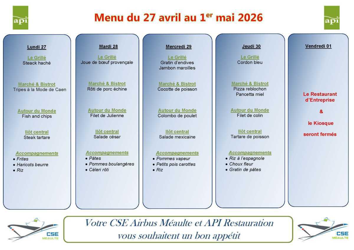 MENU du 27 au 30 avril
