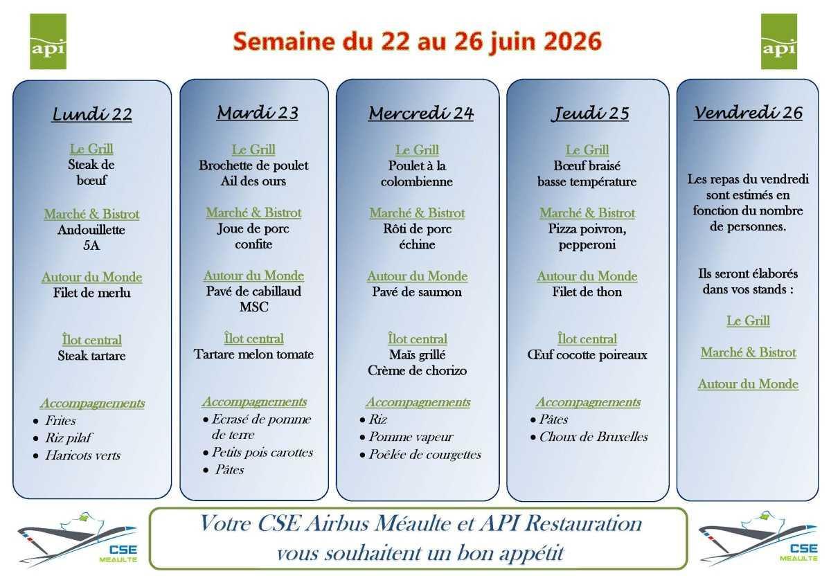 MENU du 22 au 26 juin