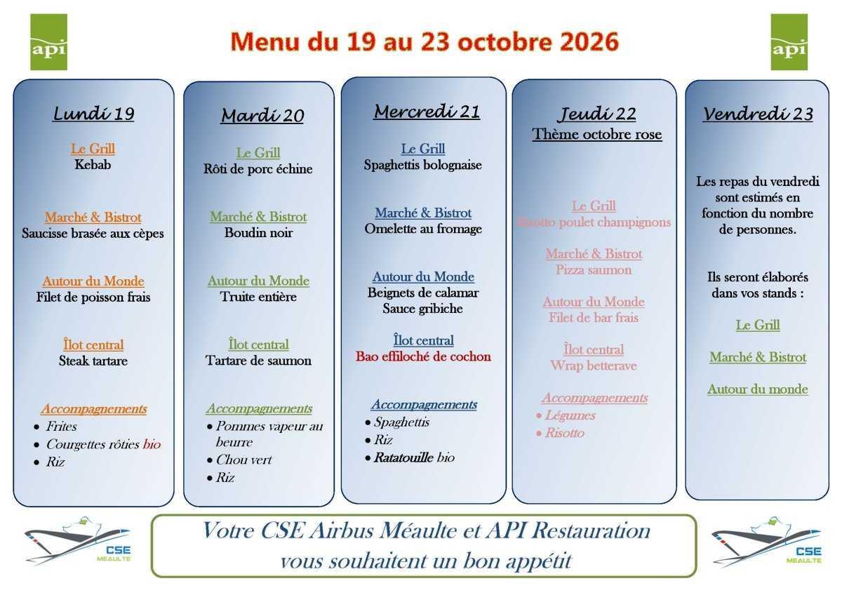MENU de la semaine du 19 octobre