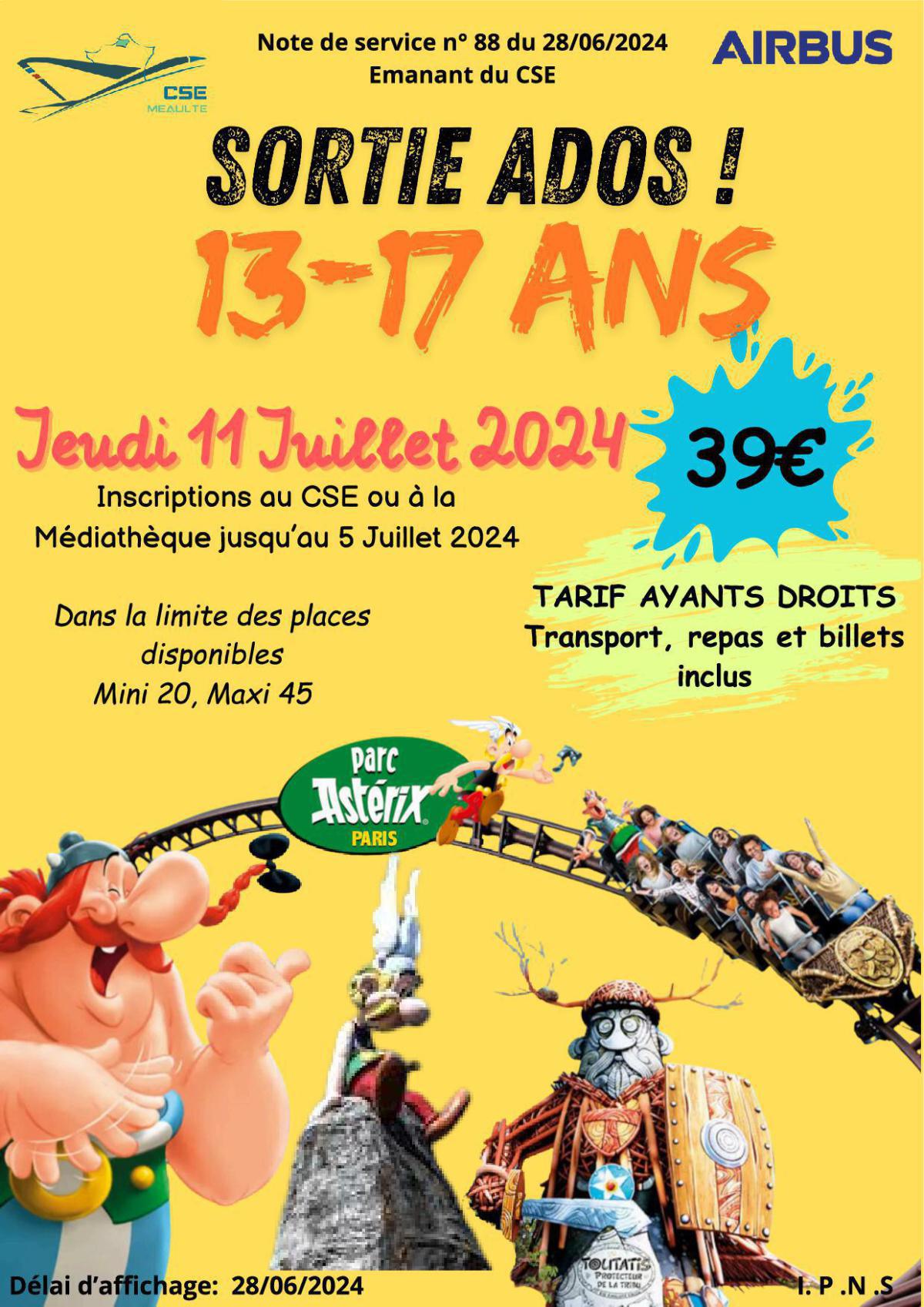 Sortie 13-17 ans à Astérix le 11 juillet