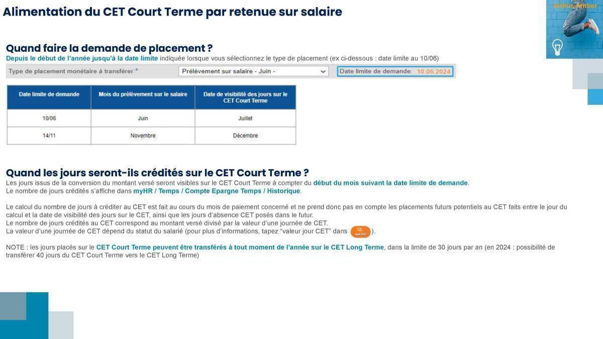 Alimentation en argent du CET court terme Alimentation en argent du CET court terme