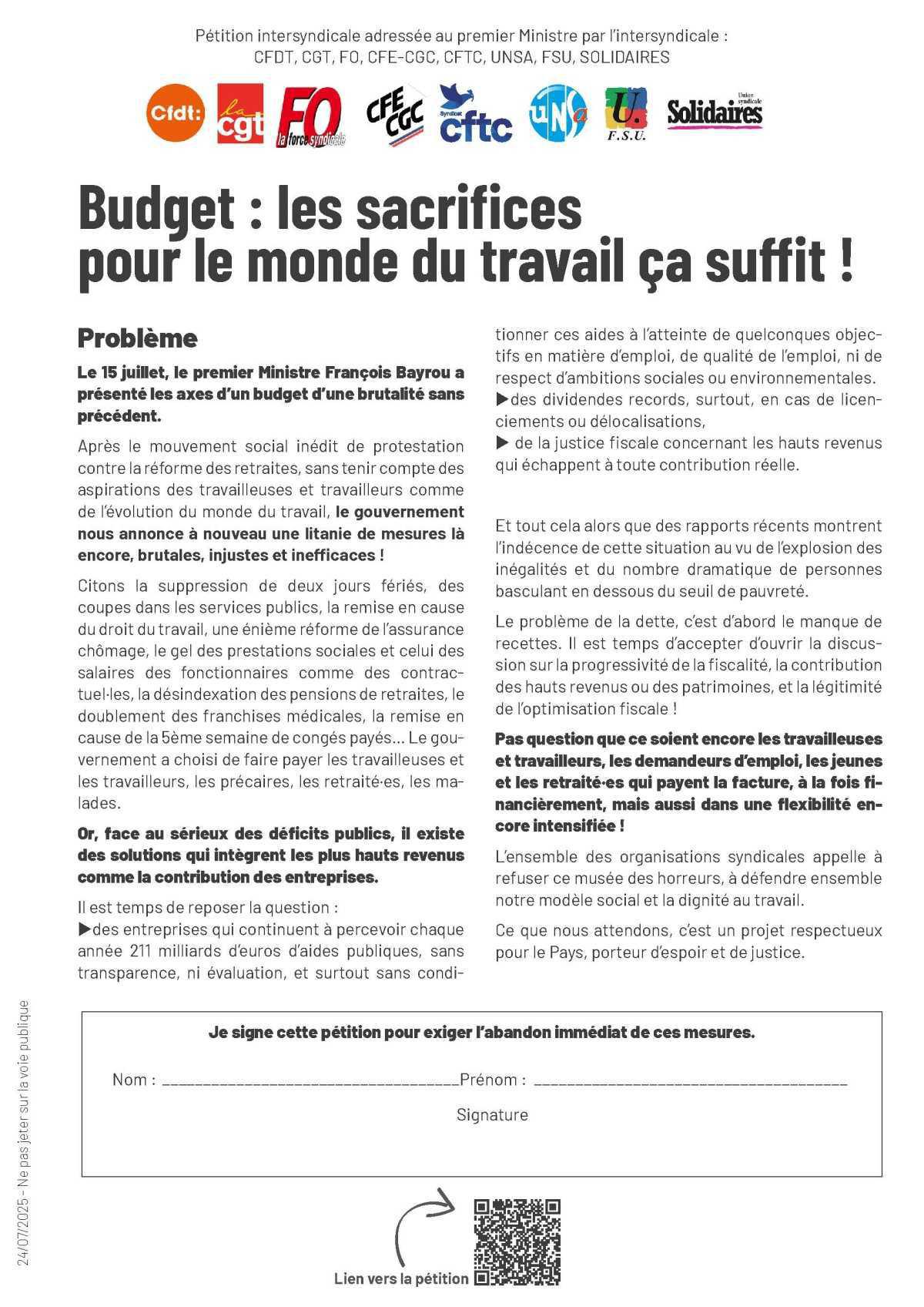 Pétition intersyndicale contre le projet de budget Bayrou