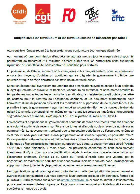Intersyndicale Budget BAYROU : stopbudgetbayrou.fr