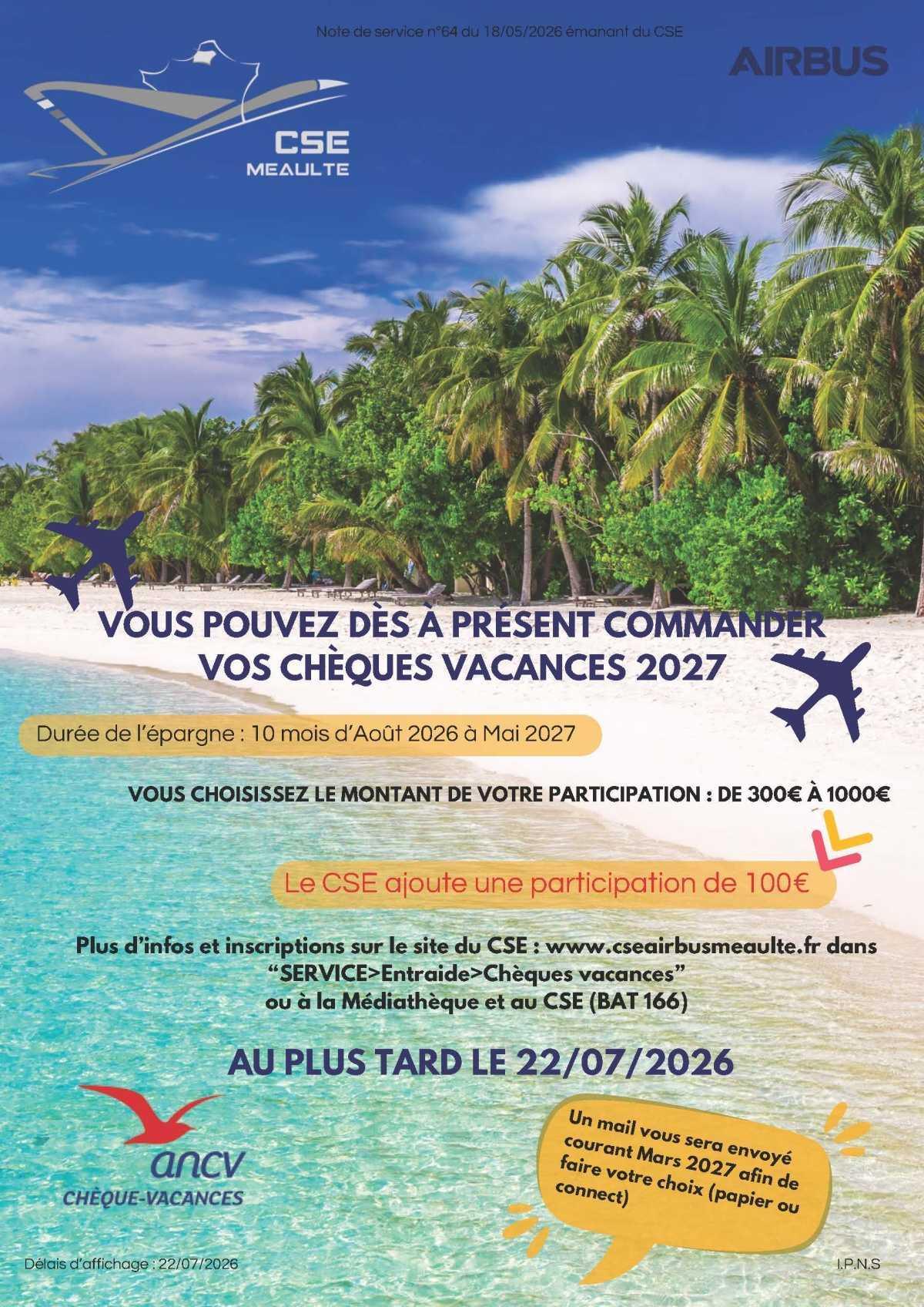 Chèques Vacances 2026 et 2027