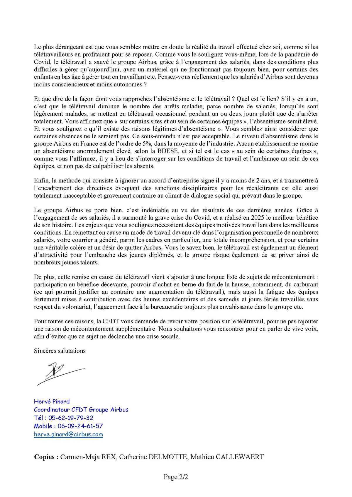 Courrier à G.Faury concernant le télétravail...