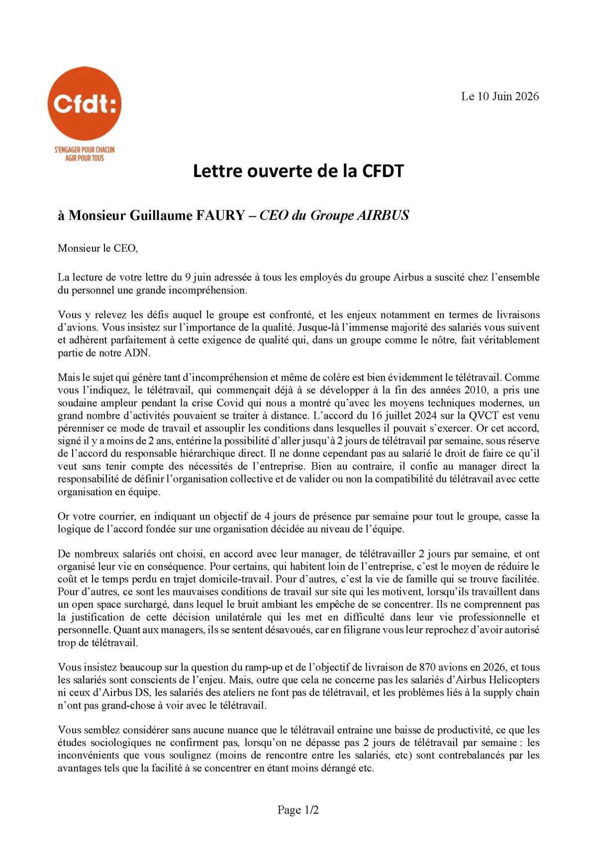 Courrier à G.Faury concernant le télétravail...