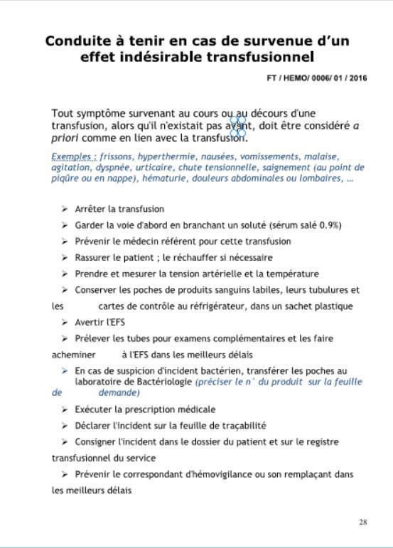CAT en cas d'effet indésirable transfusionnel