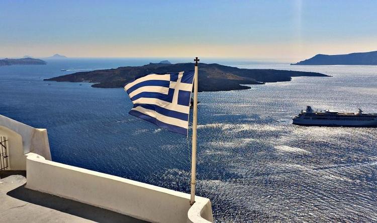 View from Fira looking towards volcano island.