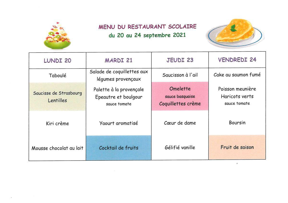 Menu de la cantine