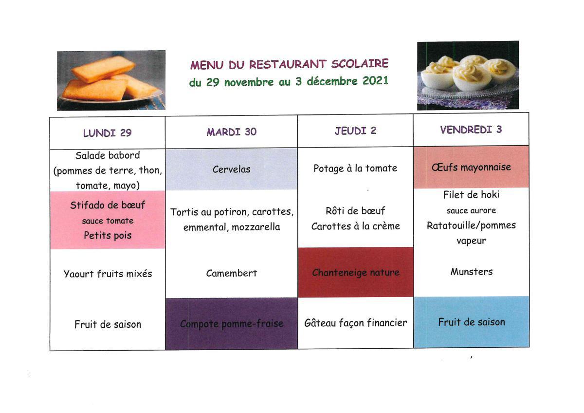 Menu de la cantine