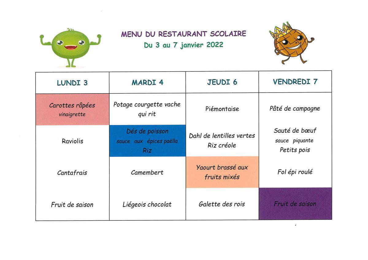 Menu de la cantine