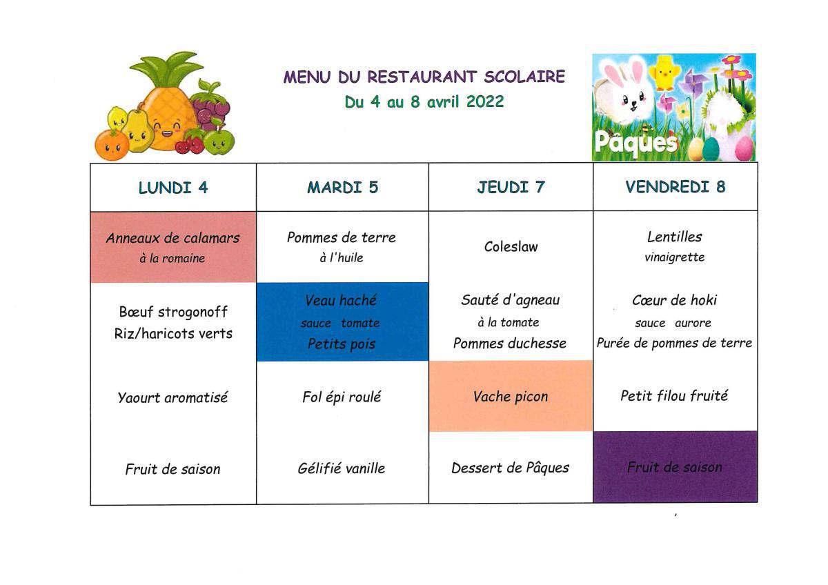 Menu de la cantine