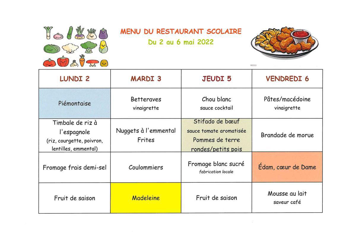 Menu de la cantine