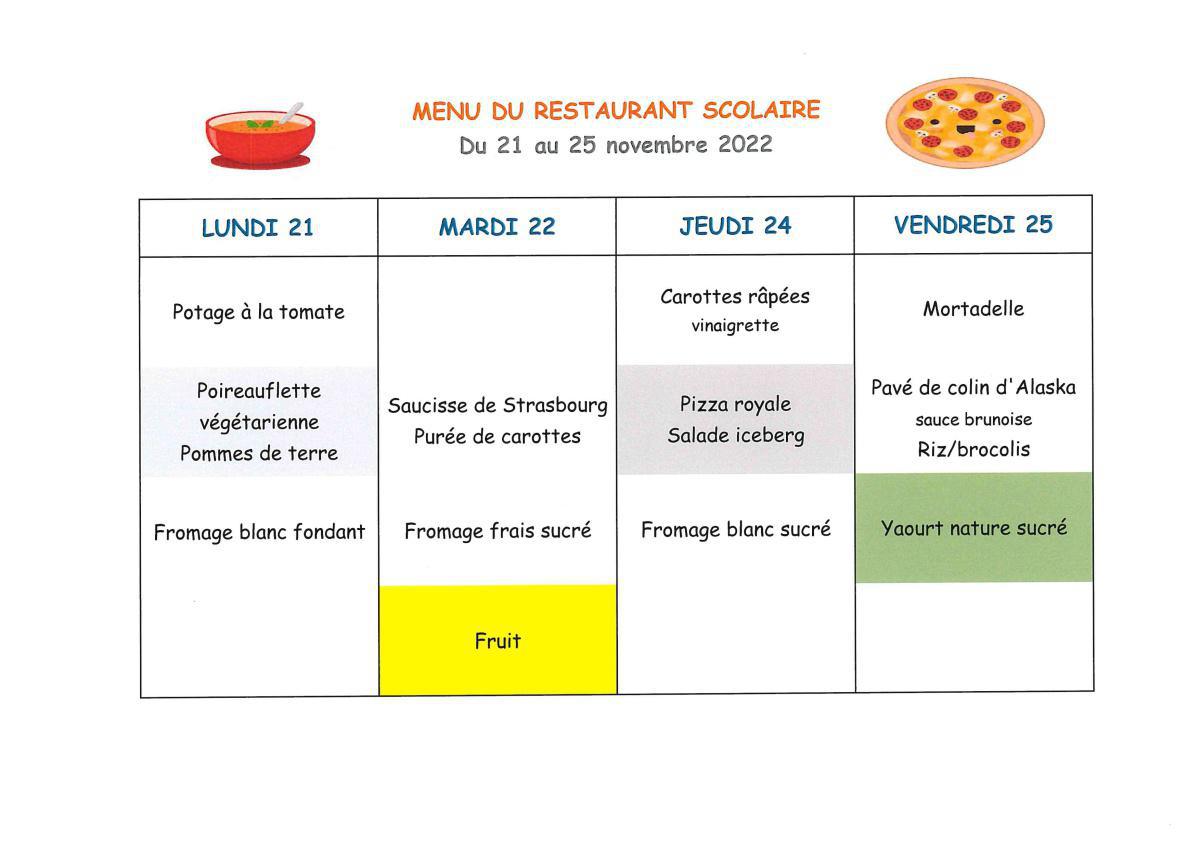 Menu de la cantine