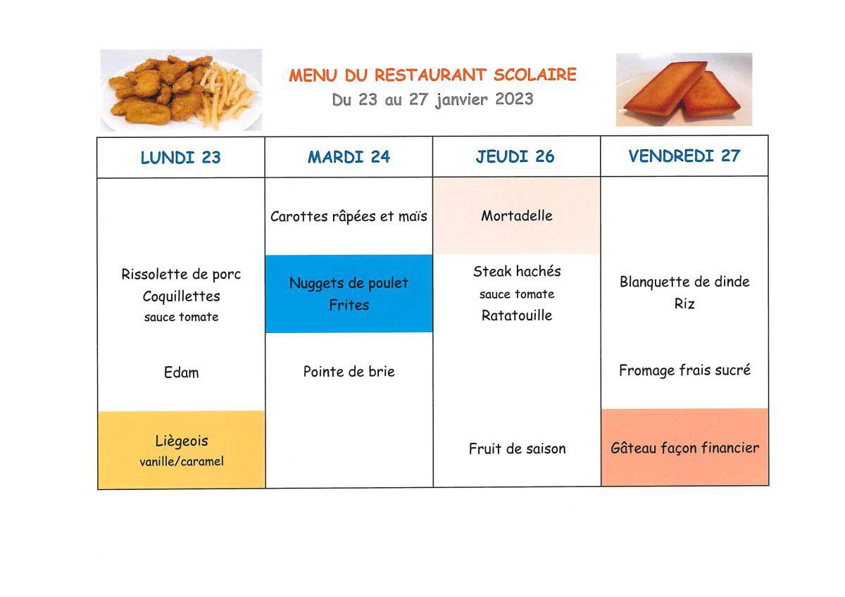 Menu de la cantine