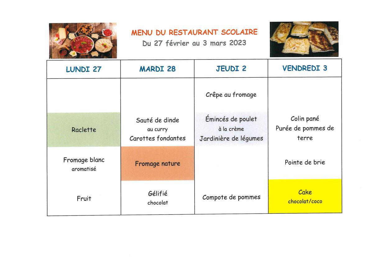 Menu de la cantine