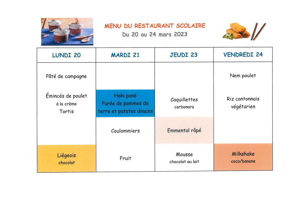 Menu de la cantine