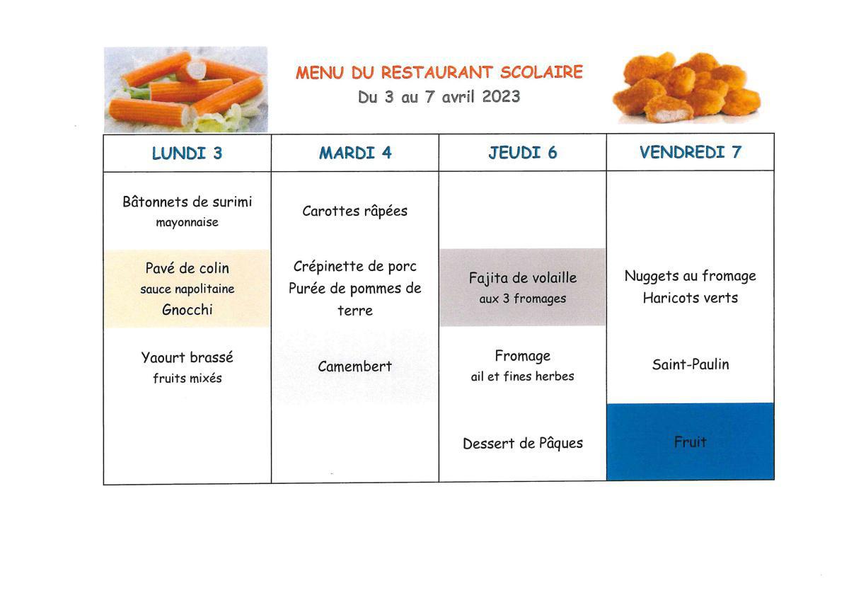 Menu de la cantine