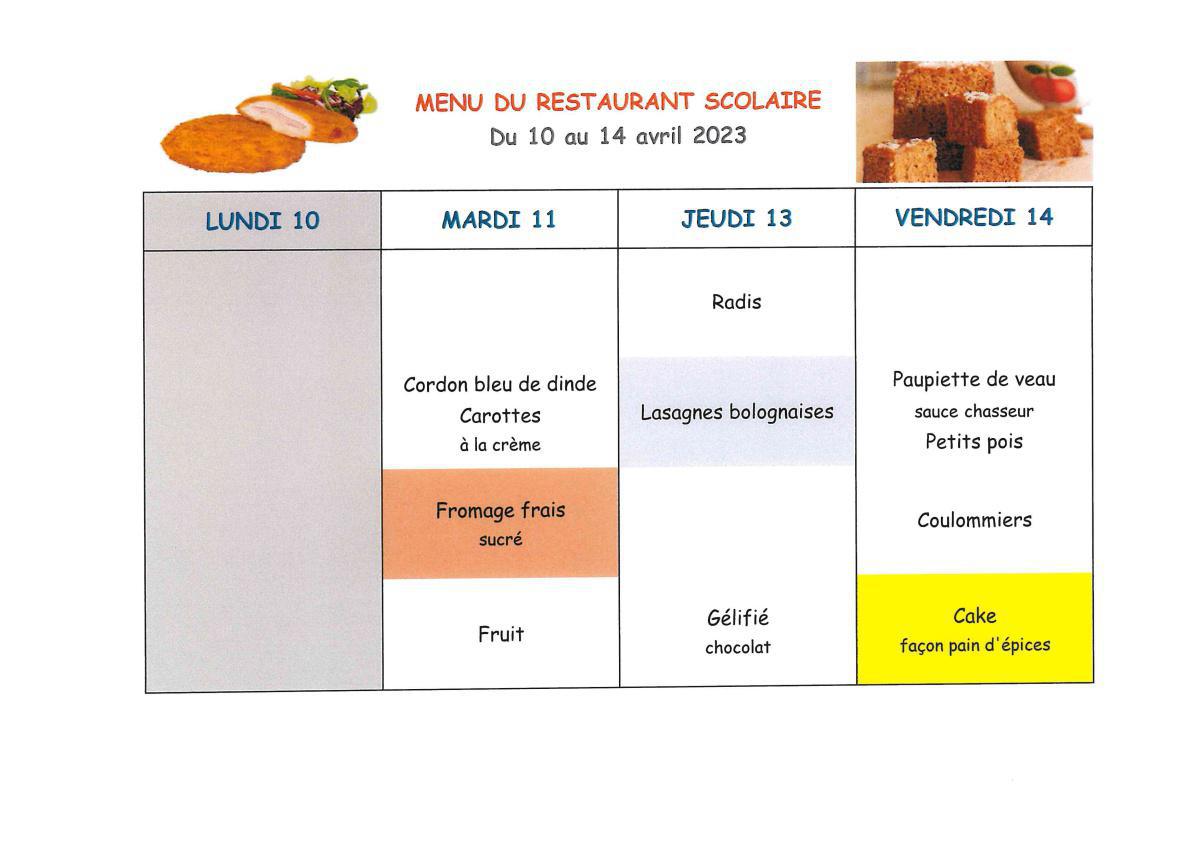 Menu de la cantine