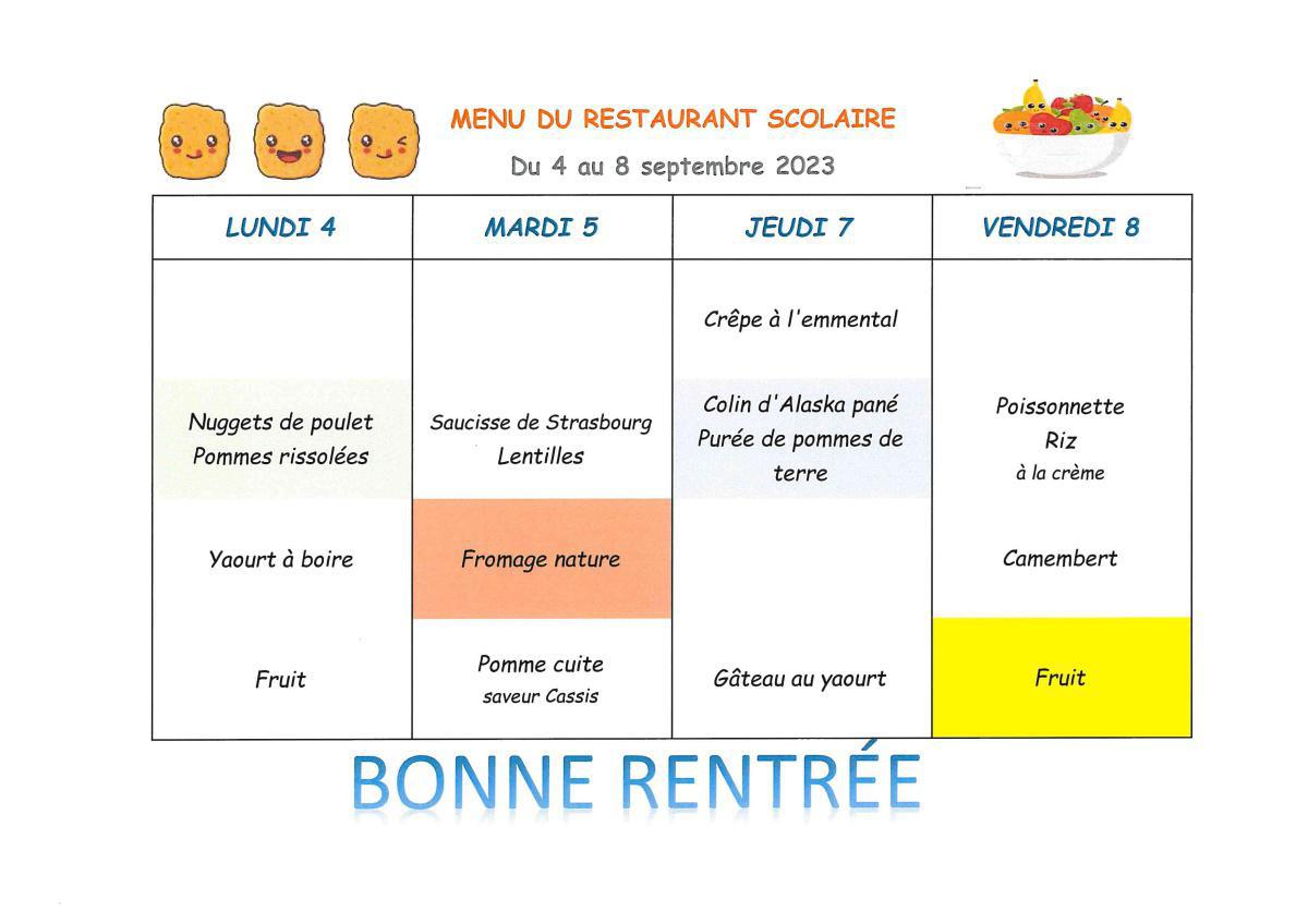 Menu de la cantine