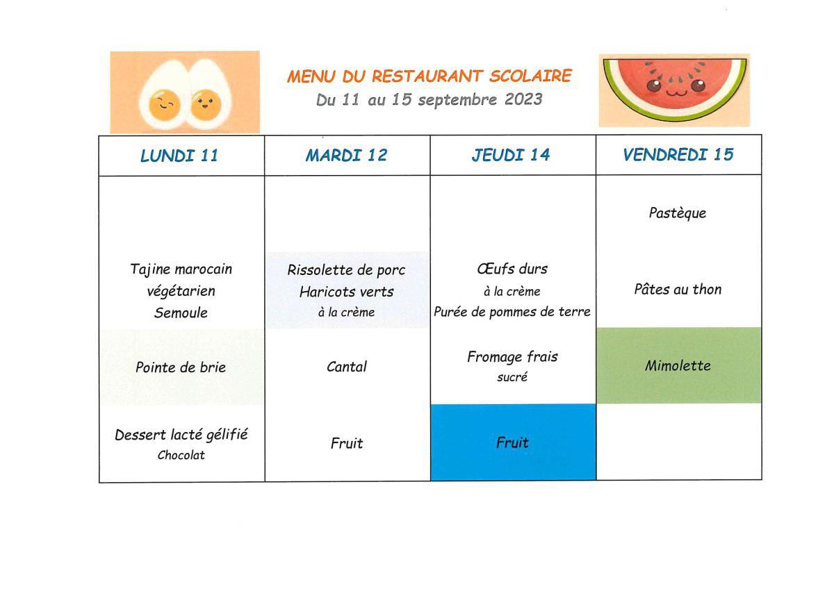 Menu de la cantine