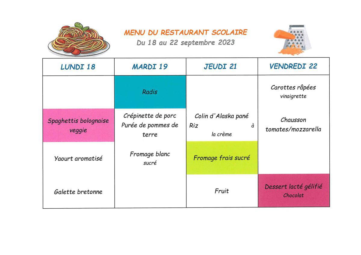 Menu de la cantine