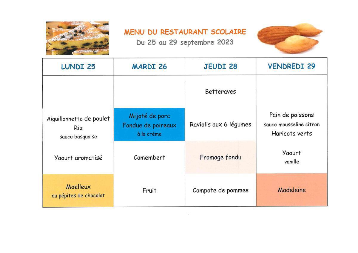 Menu de la cantine