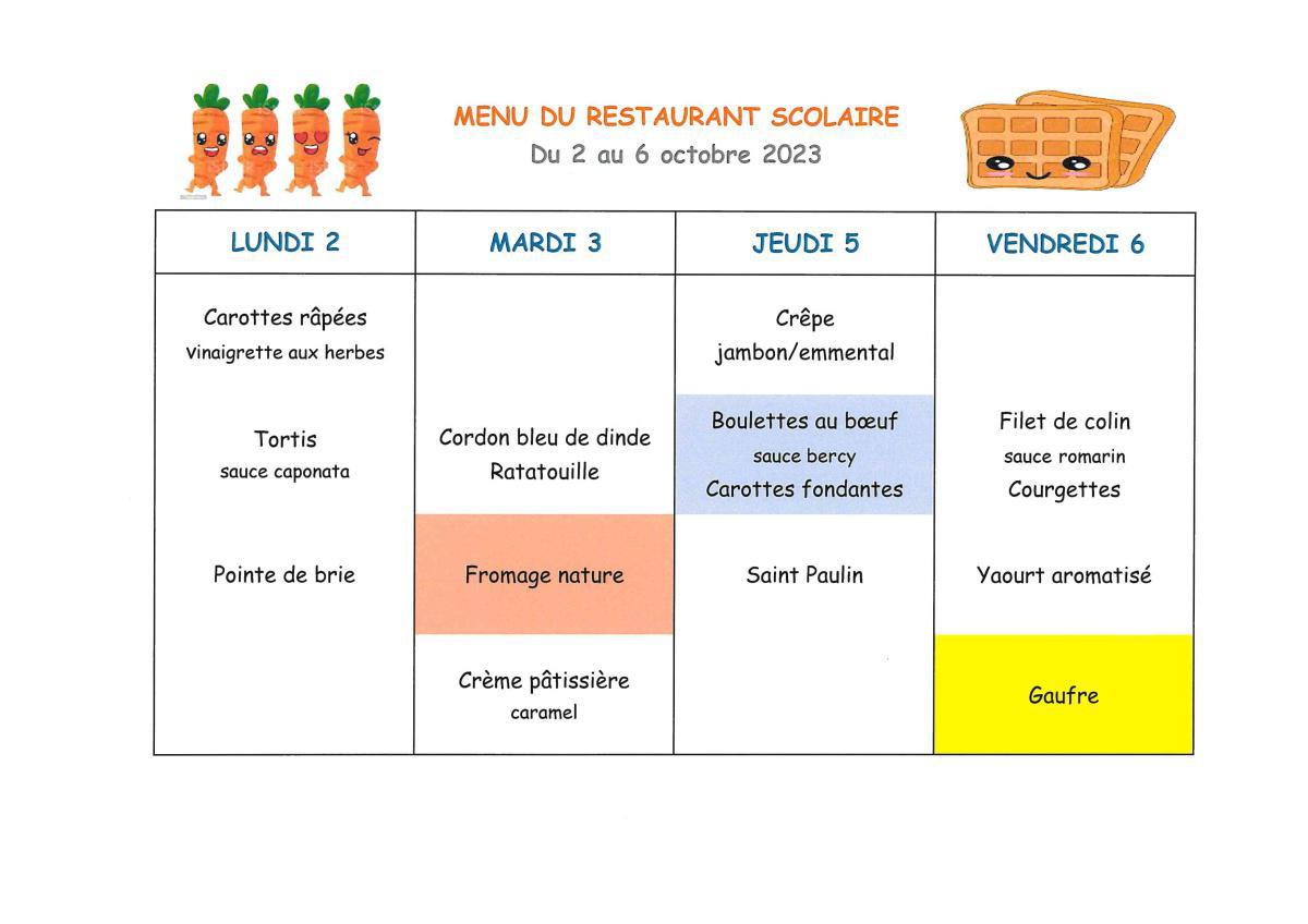 Menu de la cantine