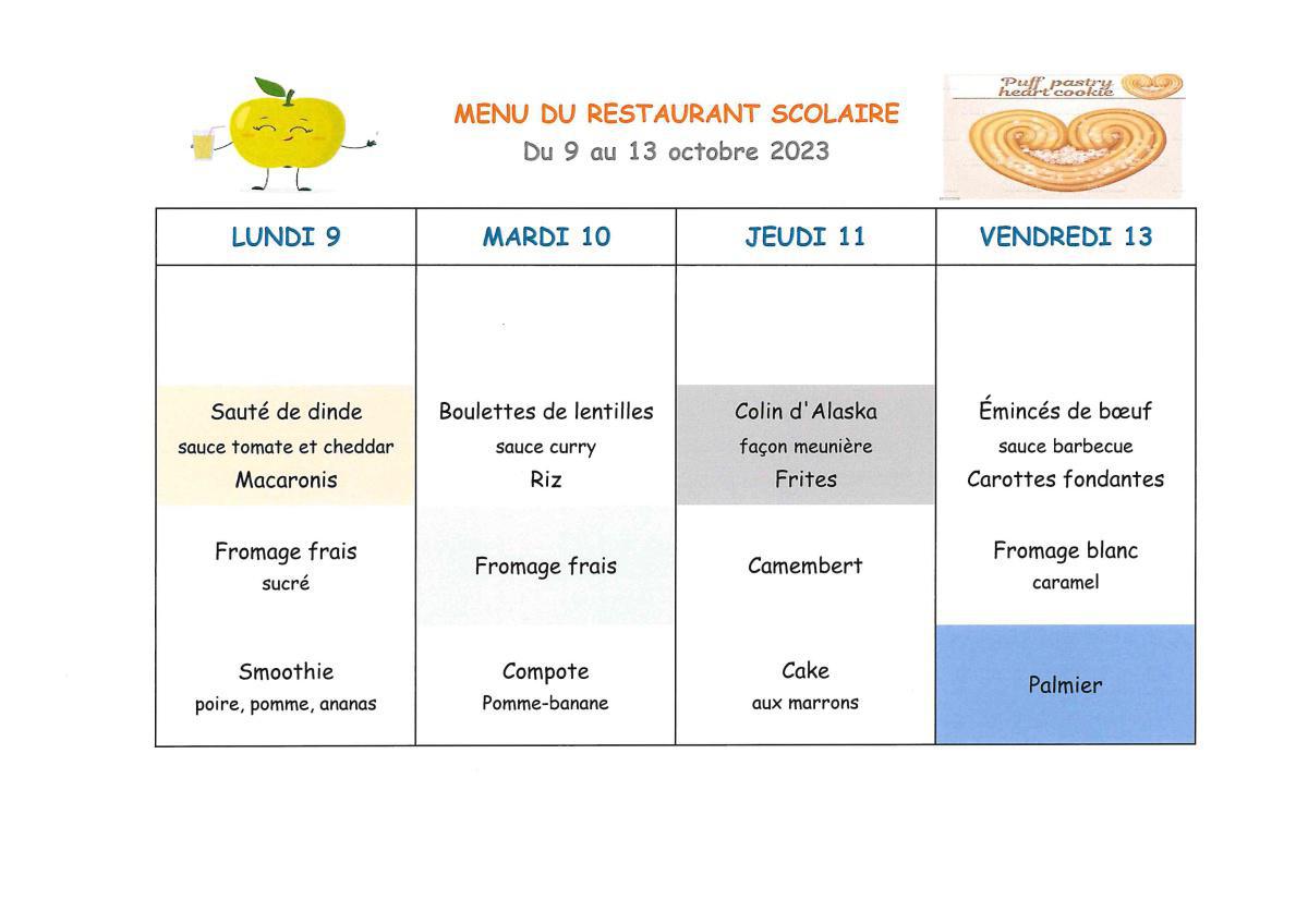 Menu de la cantine