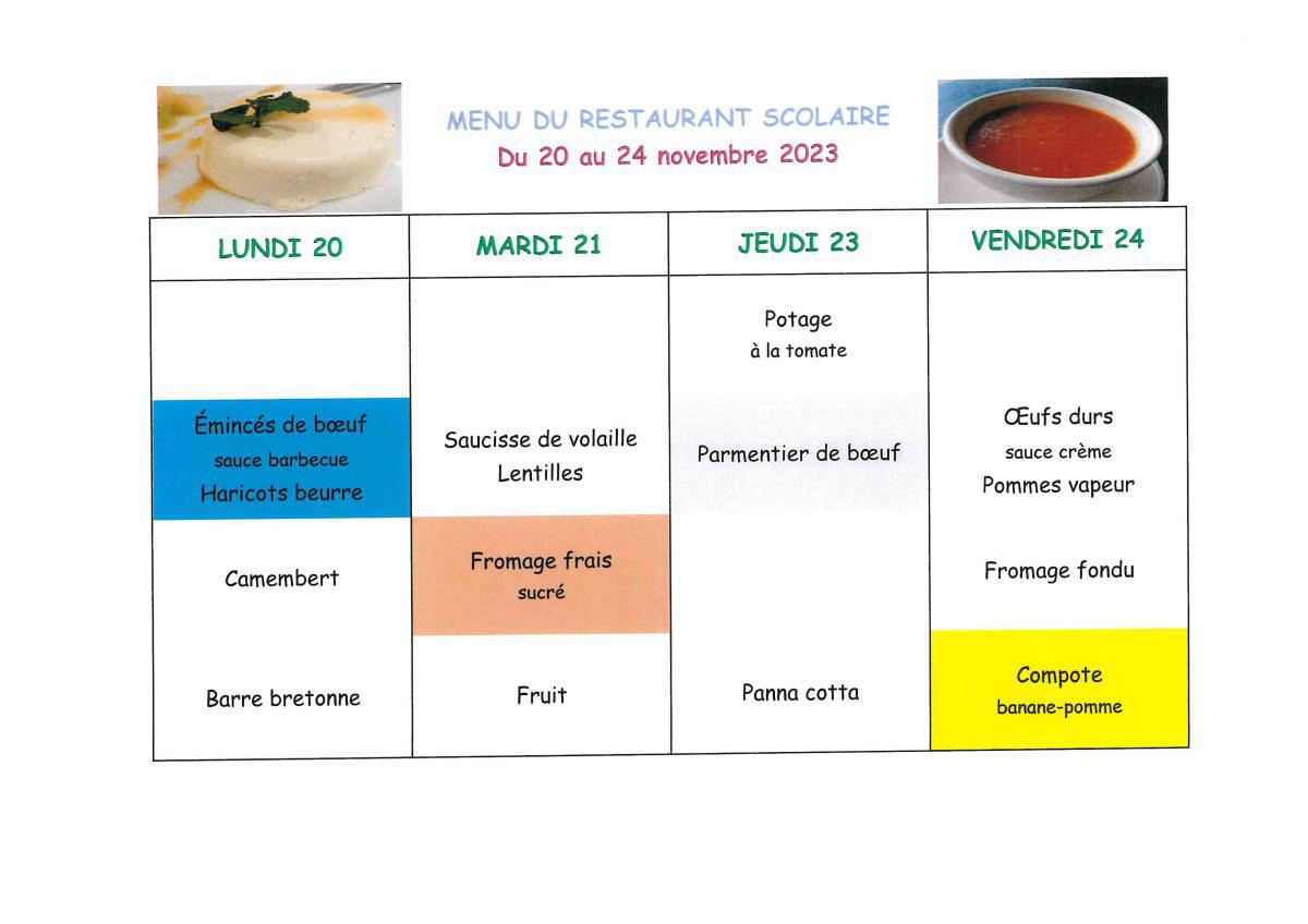 Menu de la cantine