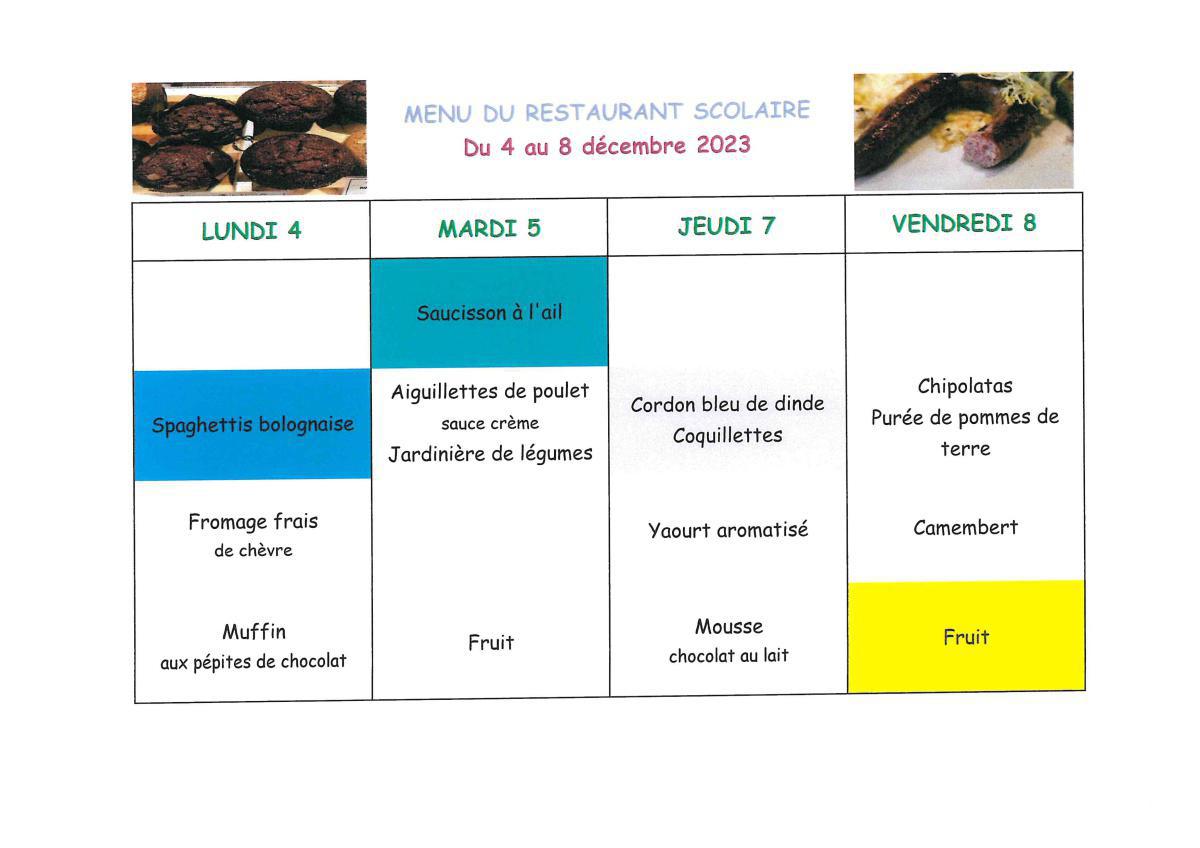 Menu de la cantine