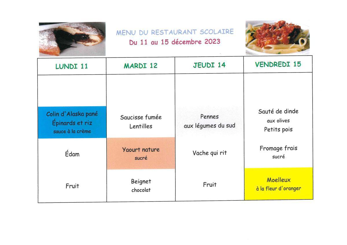 Menu de la cantine