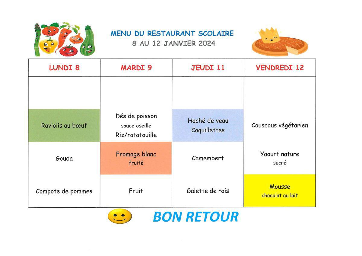 Menu de la cantine