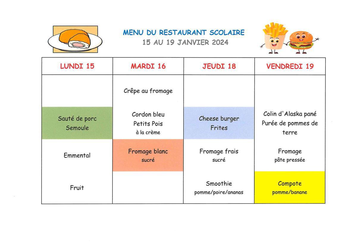 Menu de la cantine