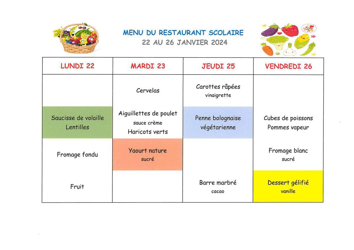 Menu de la cantine