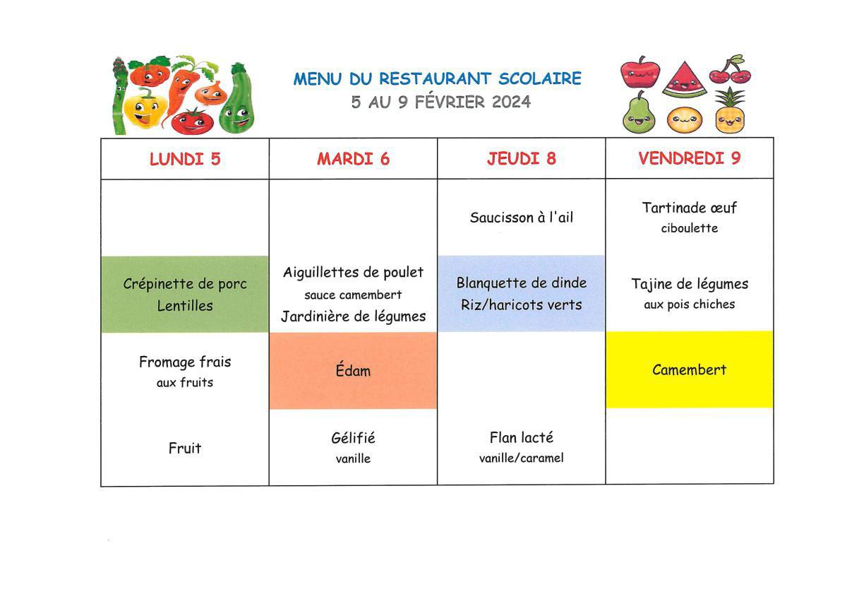 Menu de la cantine