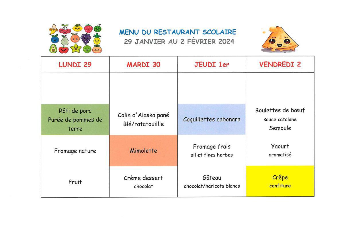 Menu de la cantine