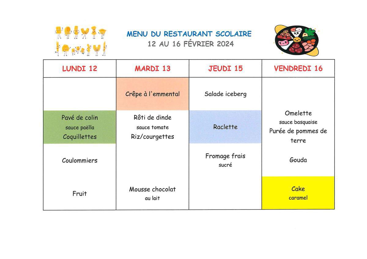 Menu de la cantine