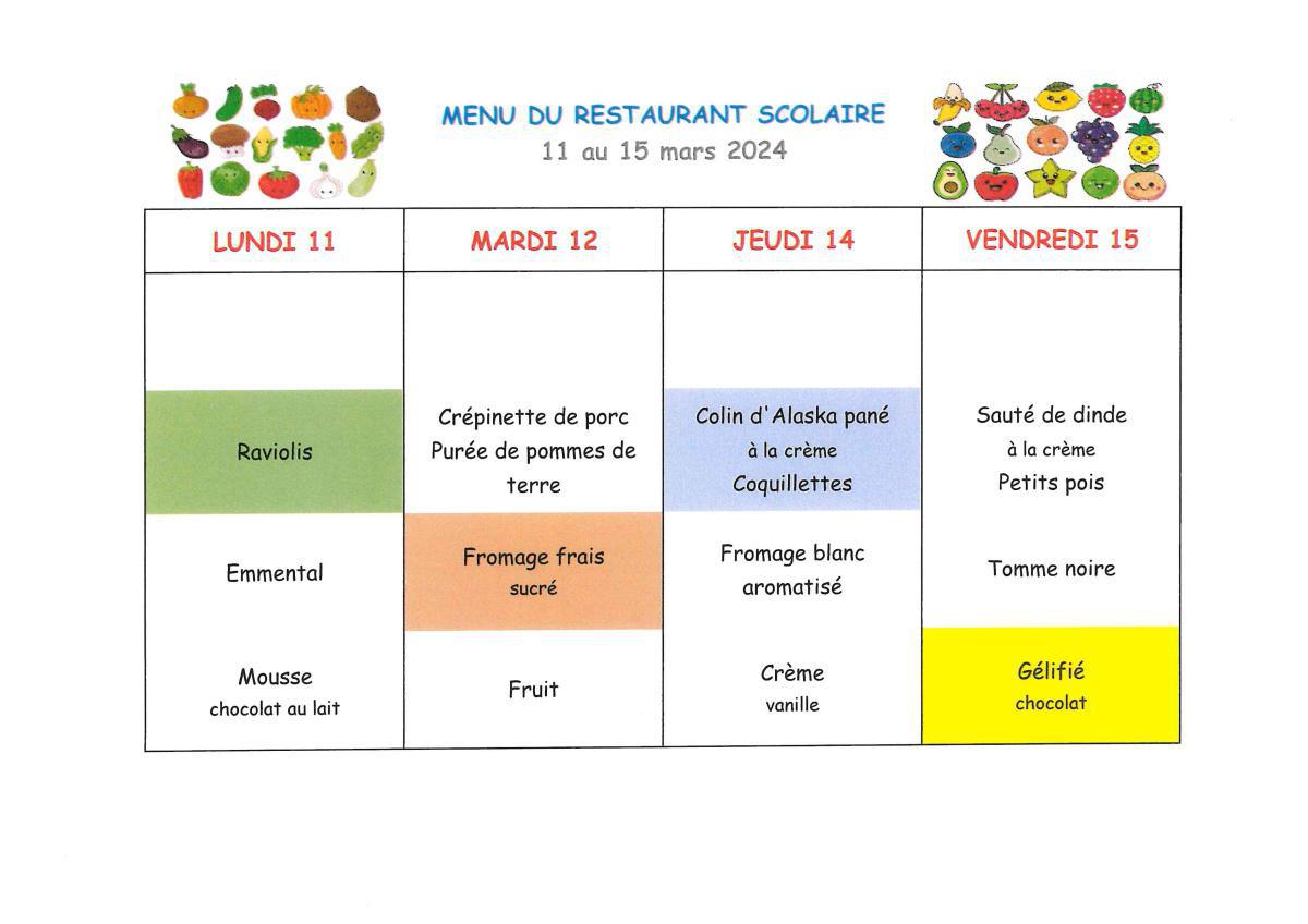 Menu de la cantine