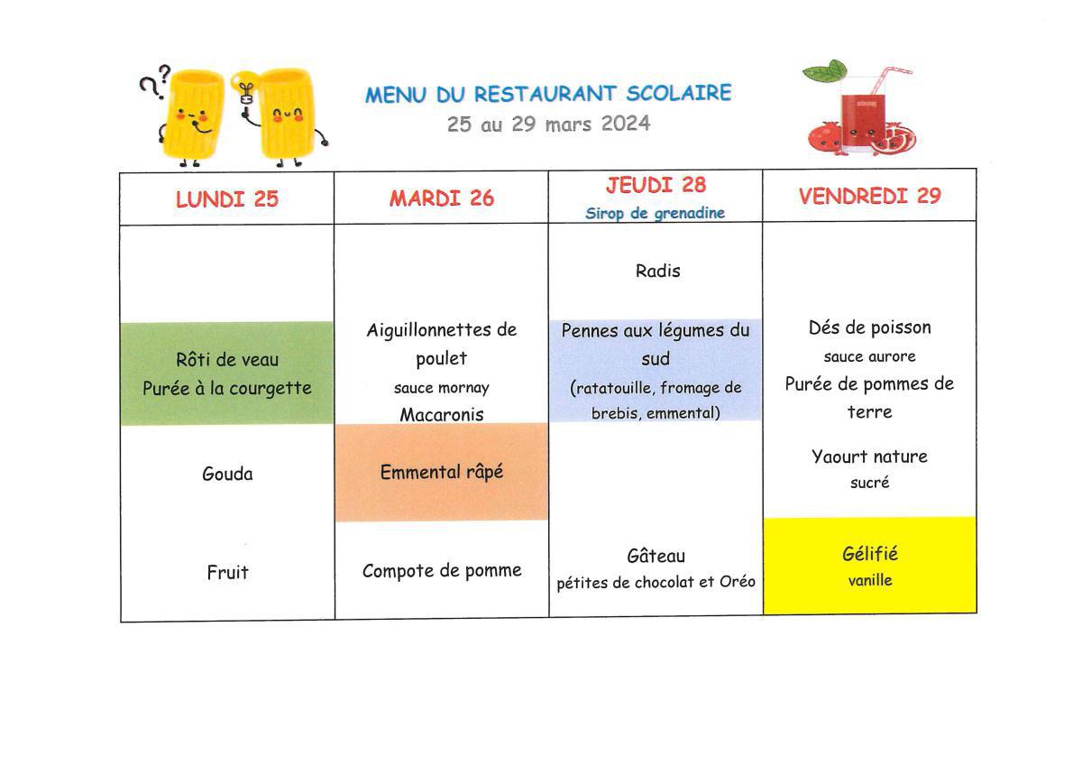 Menu de la cantine